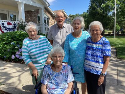 AARP charter members Dottie McGovern, Dottie Rieck (seated), Bob Shaeffer, Shirley Price and Jan Shaeffer.